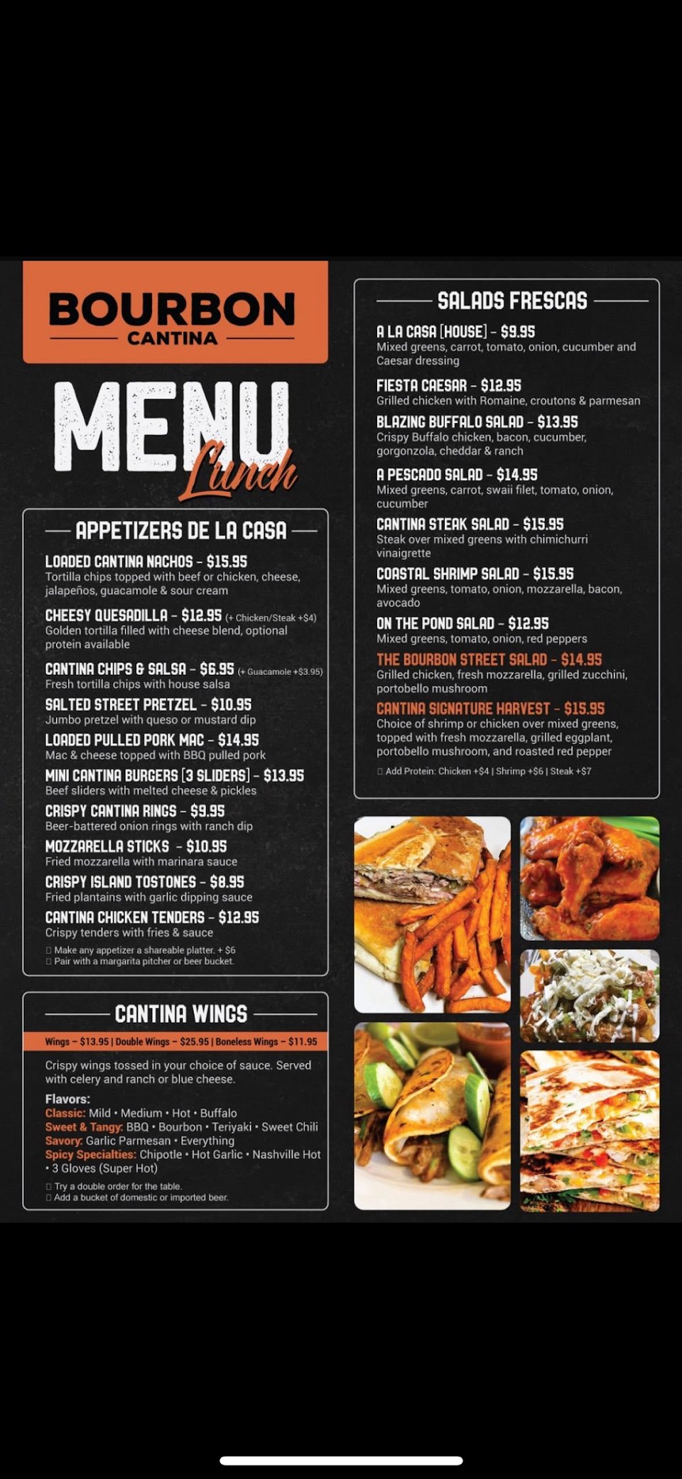 Menu page with tacos and burgers.