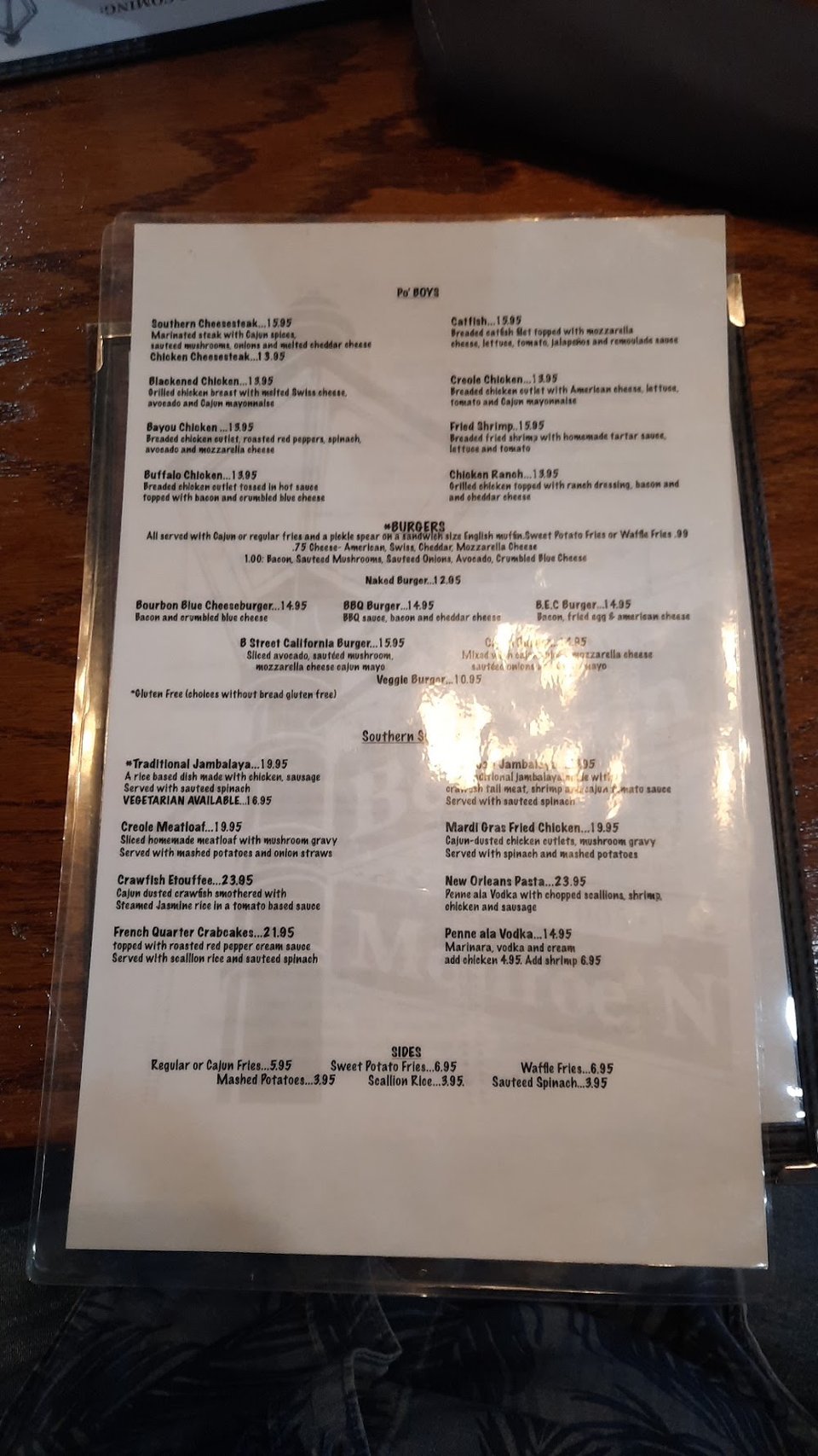Printed menu with bold section headings.