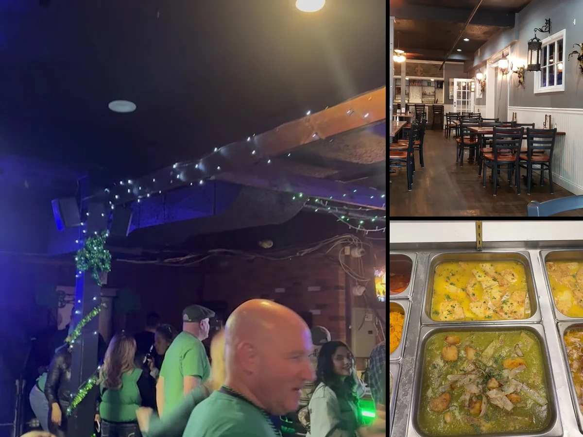 Sports screens above a lively bar.